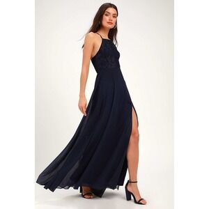 Lulu's Love Always Remains Navy Blue Lace Bodice‎ Maxi Dress Small Halter Hoco
